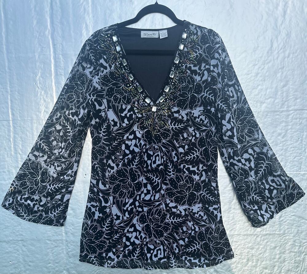 Santé Classics Large Black Blue Floral Embellished Bell Sleeve Blouse